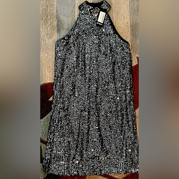 NWT Nasty Gal High Neck Halter Mini Shift Dress in Black w Mini Silver Sequins - Picture 3 of 10